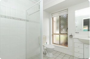 Hair dryer, towels, soap, toilet paper
