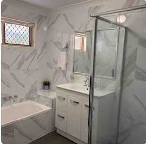 Hair dryer, towels, soap, toilet paper