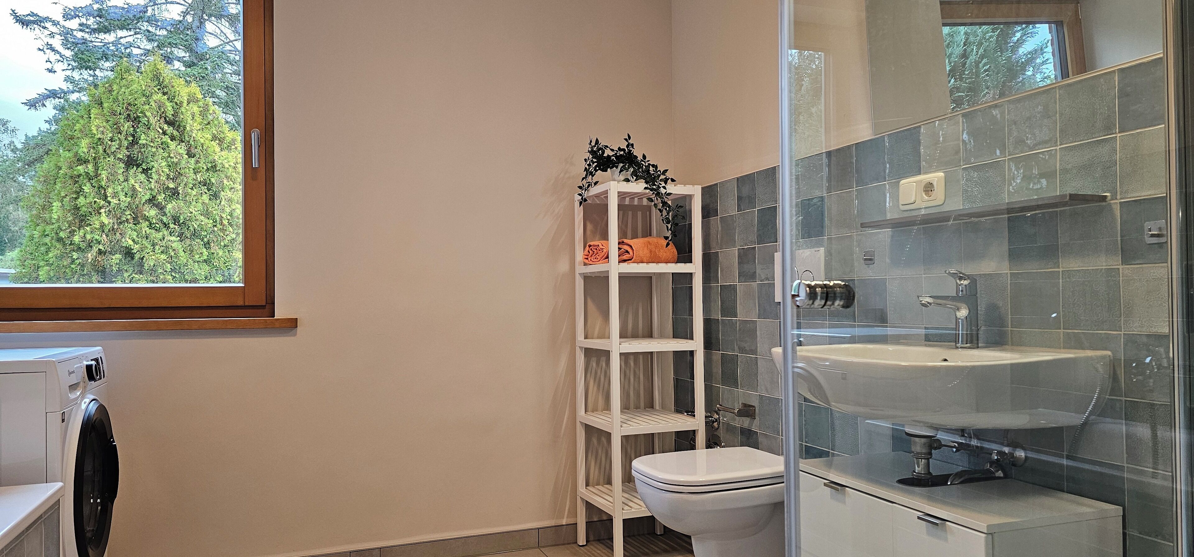 Een badkamer met toilet, wastafel en een plank met handdoeken.