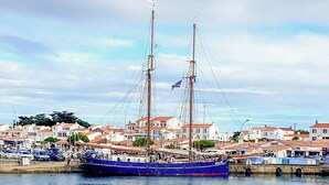 Una nave a vela tradizionale ormeggiata in un porto, con edifici sullo sfondo.