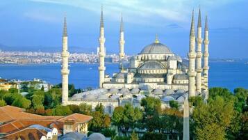 A historic building with multiple domes and minarets, surrounded by greenery and overlooking a body of water.