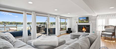 TV, fireplace, books, stereo