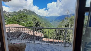 Un balcon doté d’une rambarde en métal, d’où l’on peut admirer un paysage montagneux parsemé d’arbres et de bâtiments.