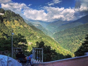 A person seated on a balcony overlooking a valley with dense greenery and a clear sky. - Ronglyang Lotus Villa Homestay (Near MG Road) (Gangtok)