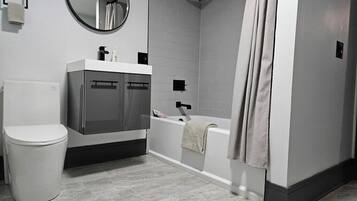 Hair dryer, towels, soap, shampoo