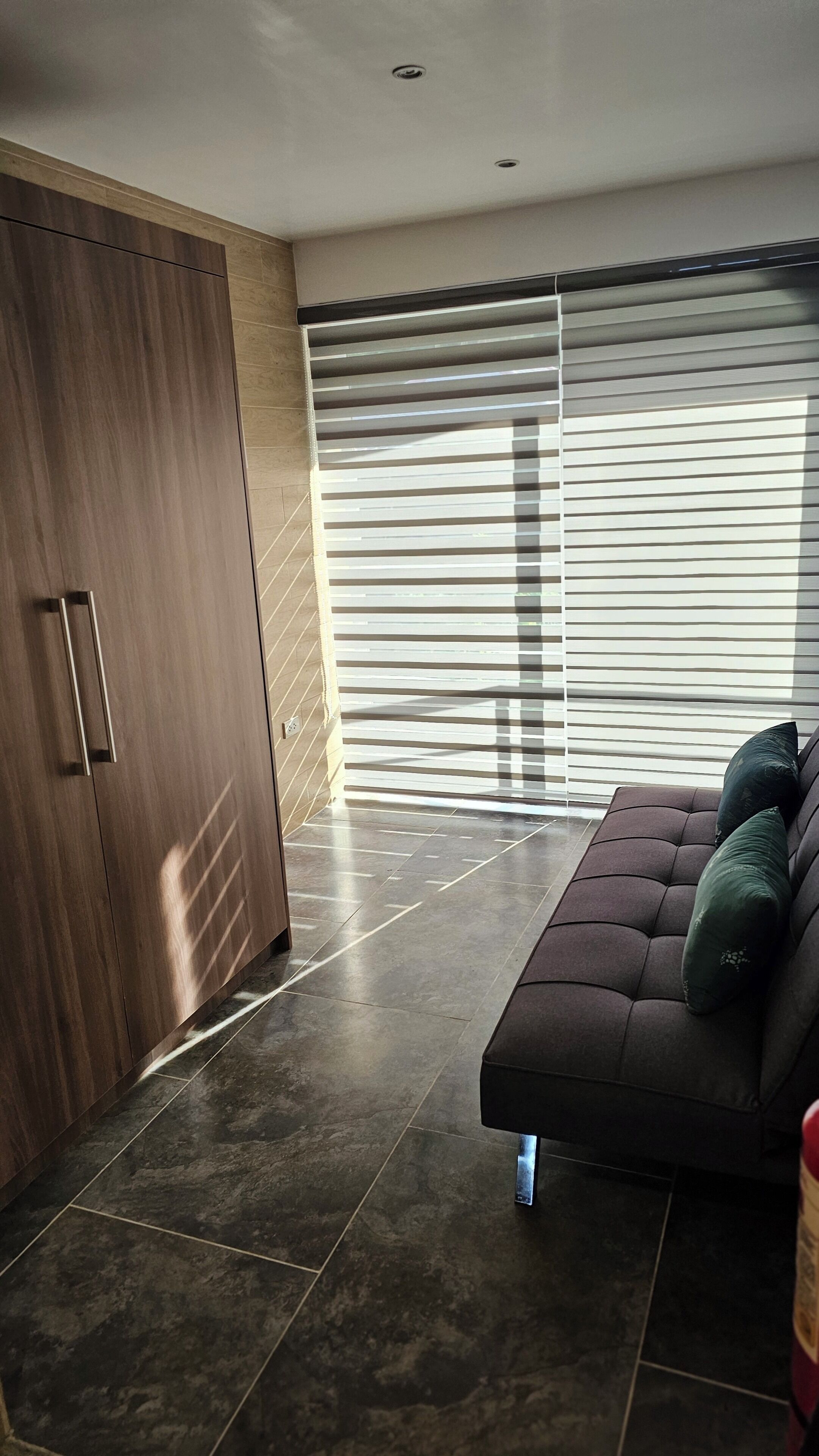 A modern living room with a dark brown wardrobe, a sofa with cushions, and a large window with blinds.