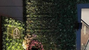 A poolside area with a lush green wall, a decorative chair, and a lantern. - Ayan Hotel (Riyadh)