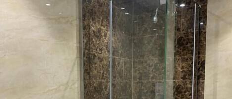 A modern bathroom with a glass-enclosed shower and a standalone bathtub.