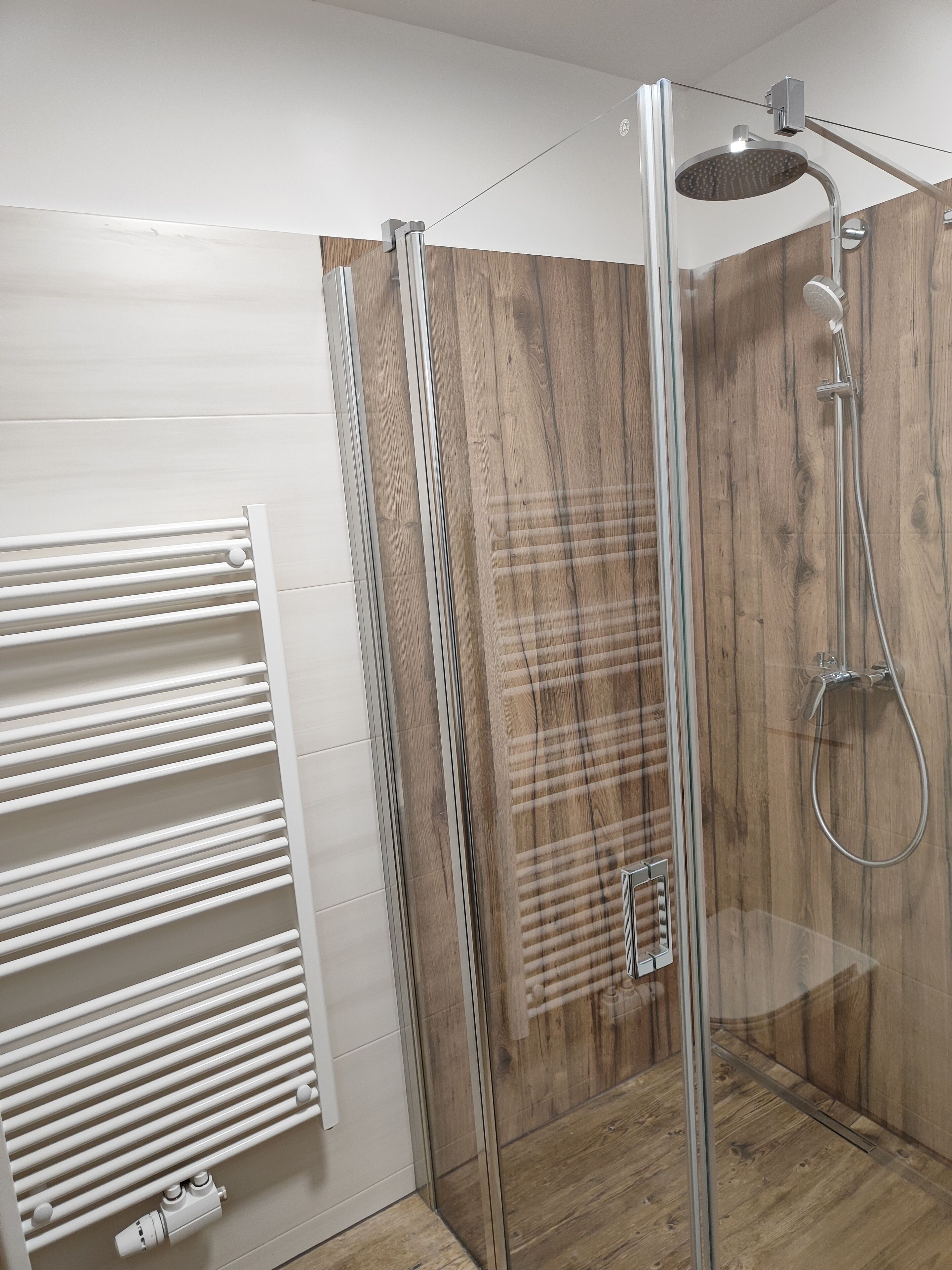 Une douche moderne avec un pare-douche en verre, un radiateur blanc et un lambris en bois.