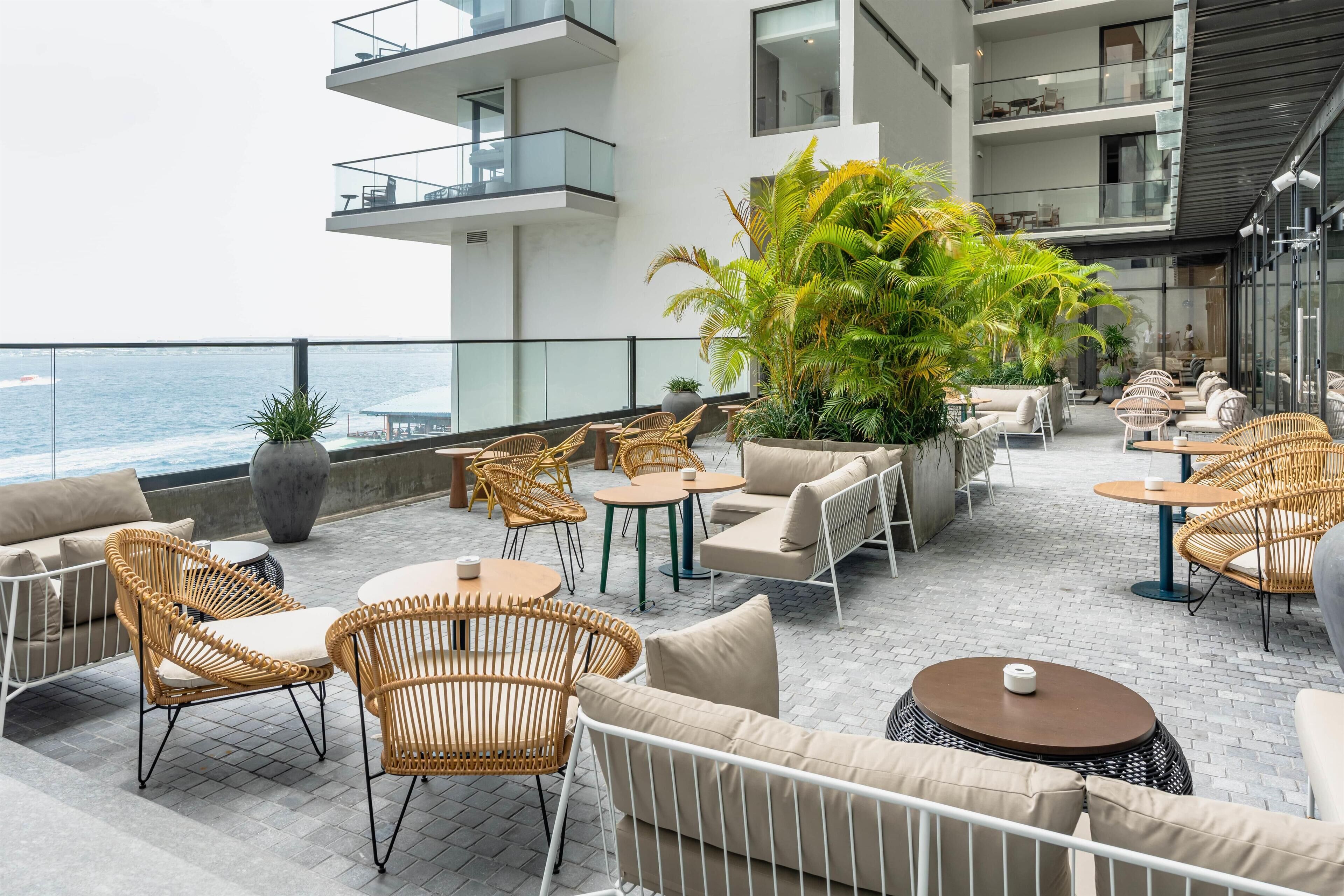A rooftop terrace with wicker furniture, a large potted plant, and a view of the ocean.