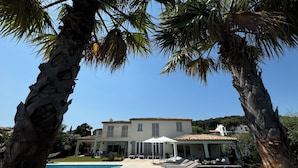 Una casa grande con piscina, rodeada de palmeras y un césped cuidado.