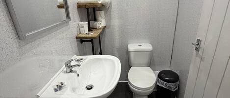 A compact bathroom with a white sink, a toilet, and a small trash bin.