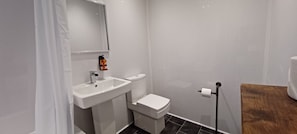 A small, modern bathroom with a white sink, toilet, and mirror.