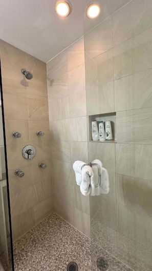 Dusche, Haartrockner, Handtücher, Shampoo
