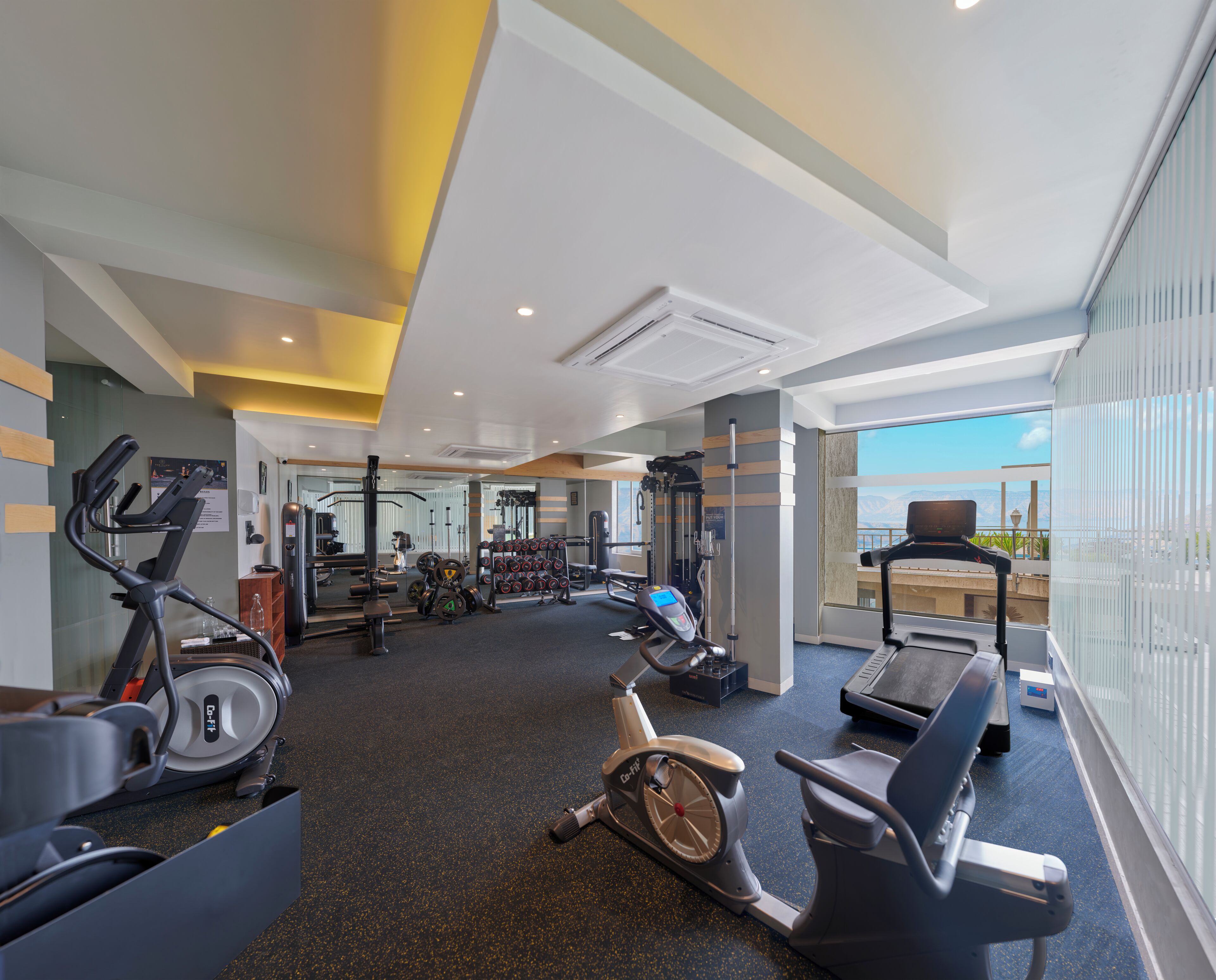 Academia com máquinas de cardio, equipamentos de musculação e vista para o exterior.