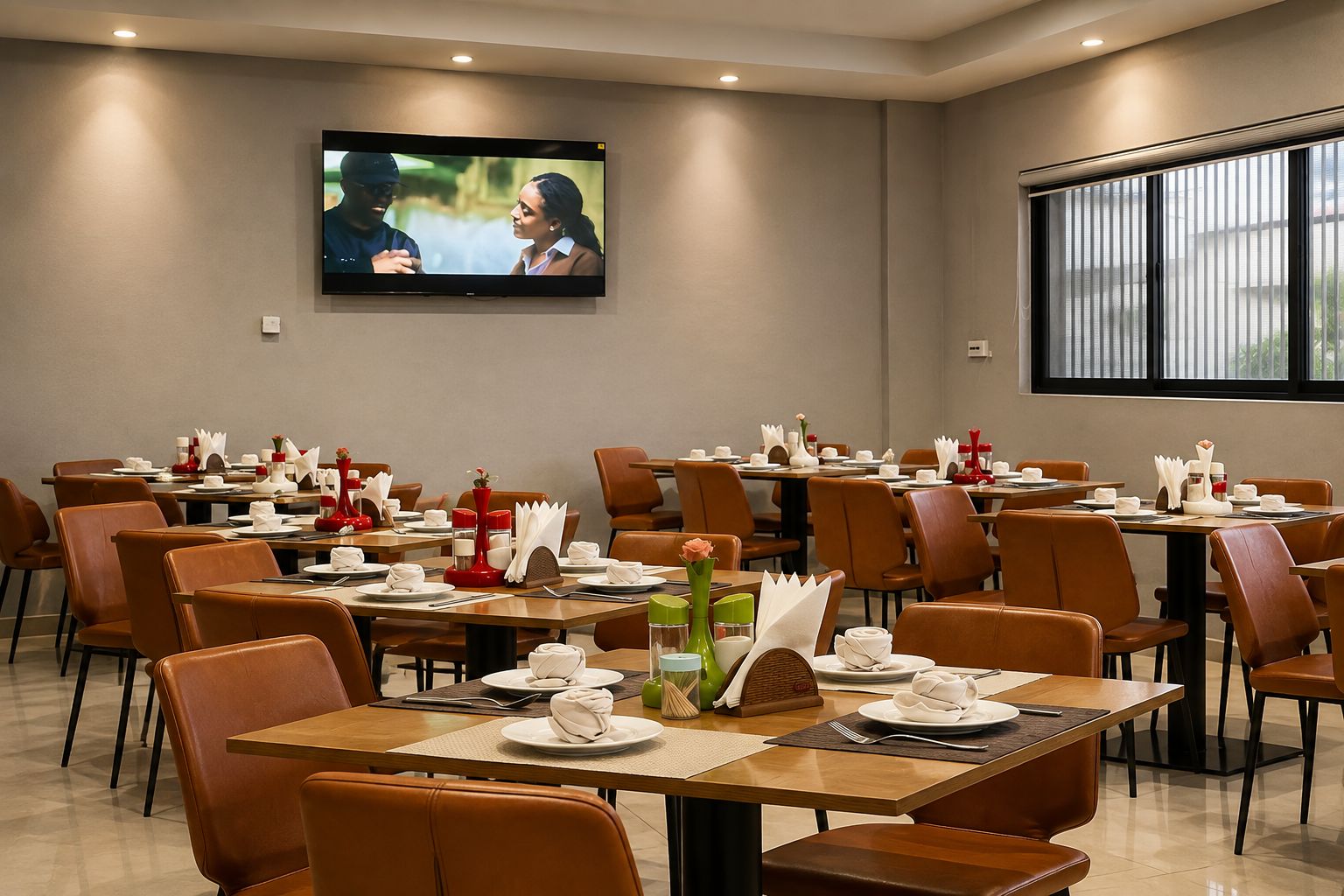 A conference room with tables set for dining, a television mounted on the wall, and a large window.