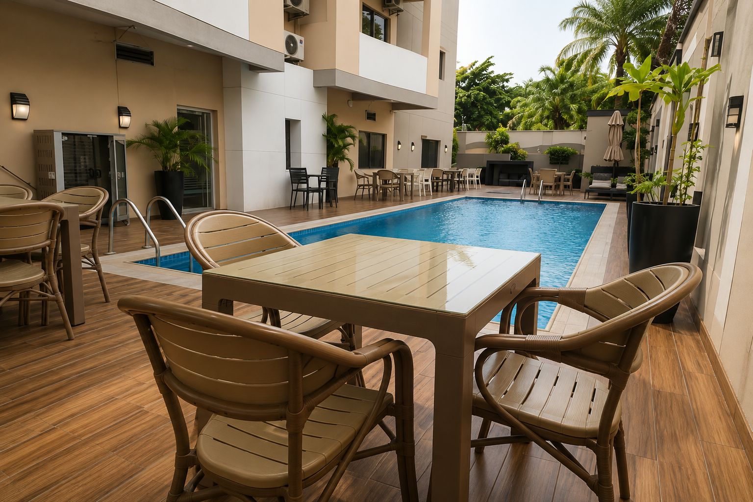 A poolside area with a table and chairs, surrounded by a wooden deck and potted plants.
