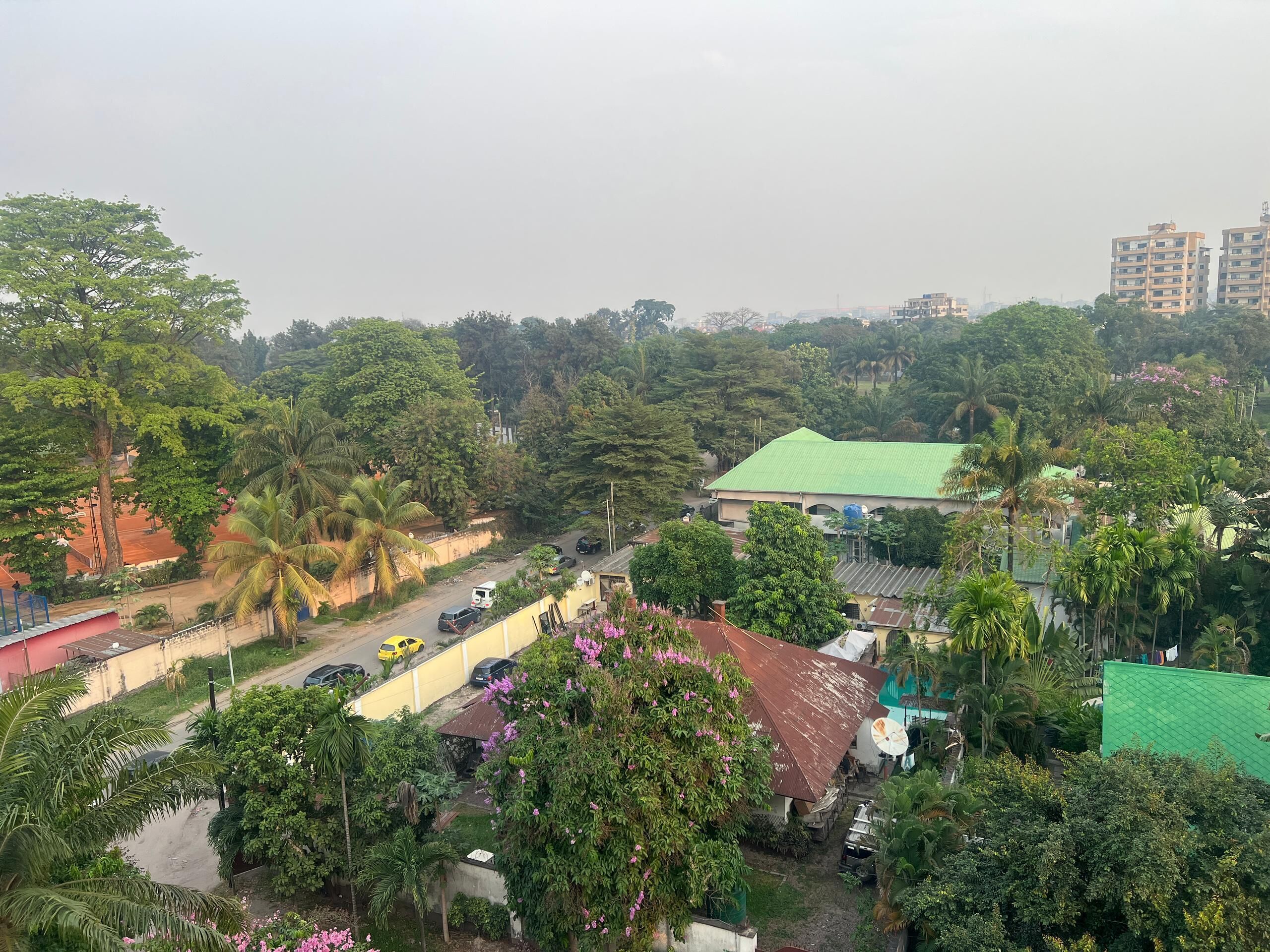 A residential area with a green-roofed building, parked cars, and lush greenery.