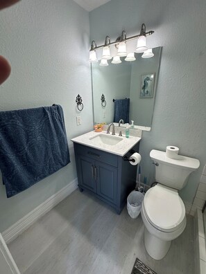 A bathroom with a white sink, a mirror, a toilet, and a blue towel hanging on the wall.