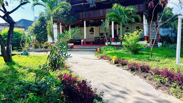A traditional thatched-roof house with a concrete pathway leading to a covered porch. - The Tropinest  (Nungwi)
