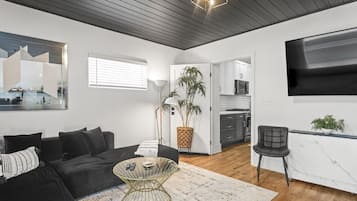 Smart TV, fireplace, books, offices