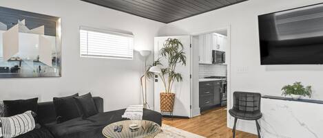 TV connectée, cheminée, livres, espaces bureaux