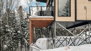 A modern two-story cabin with a balcony, surrounded by snow-covered trees.