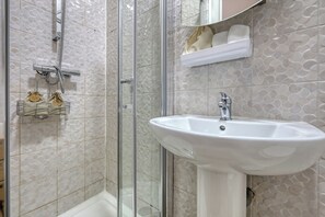 Shower, hair dryer, bidet, towels
