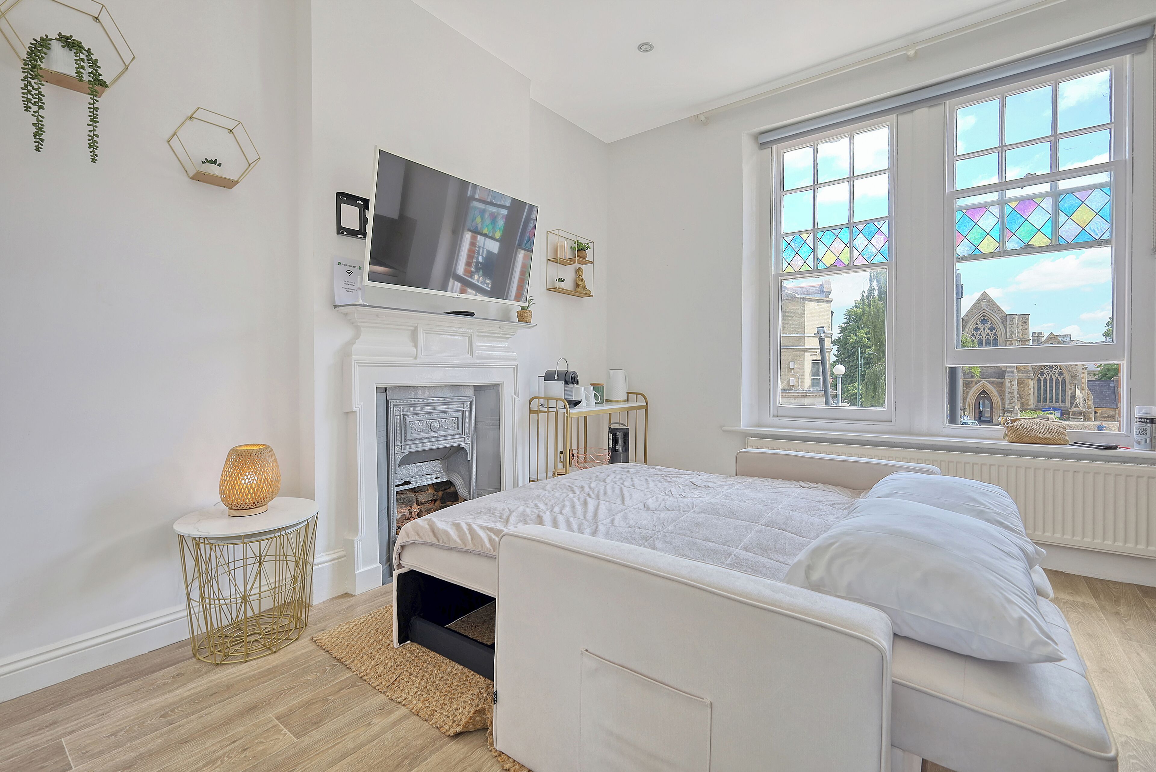 1 bedroom, desk, iron/ironing board, travel cot