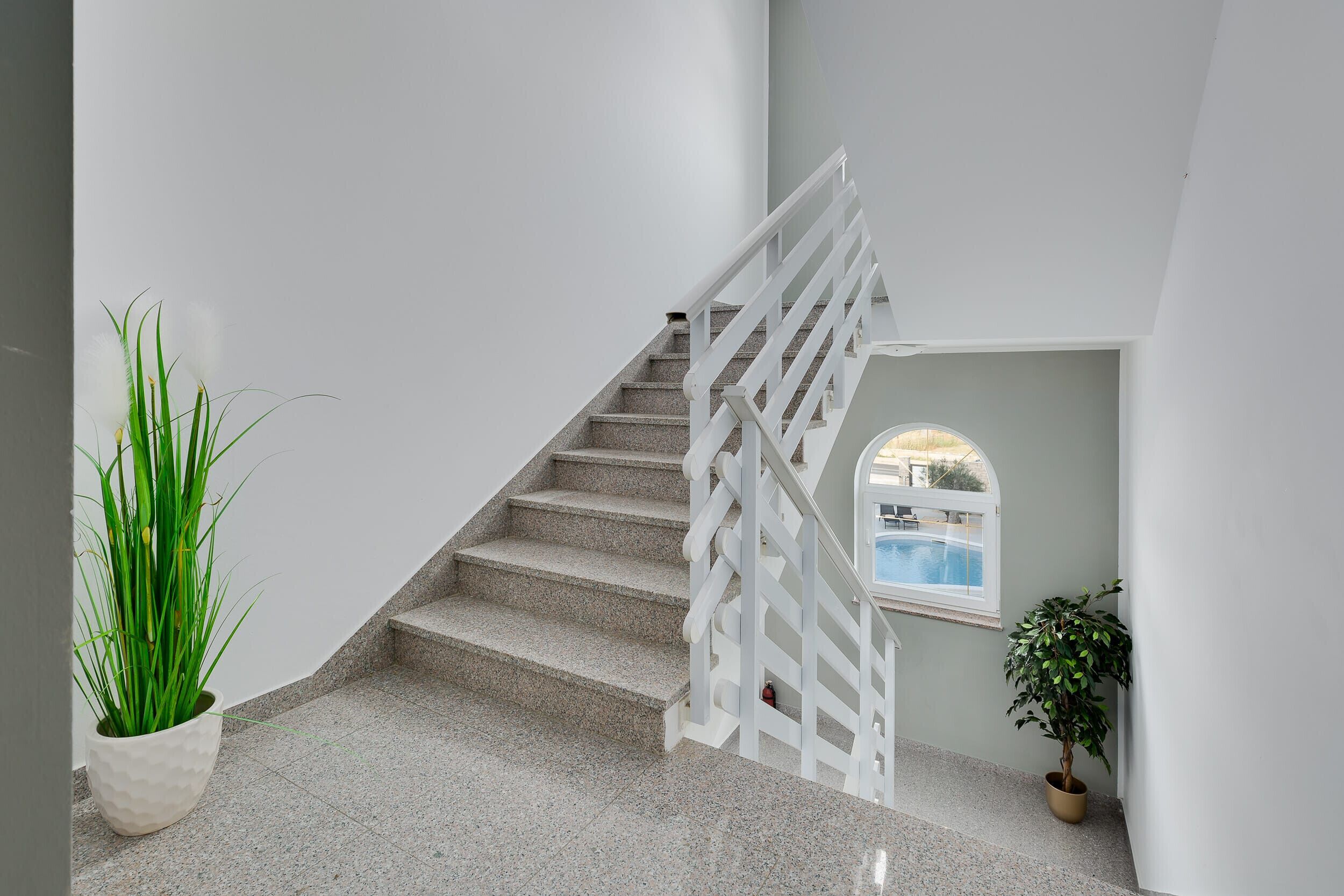 A staircase with white railings, a potted plant on the left, and a window with a view of a pool on the right.