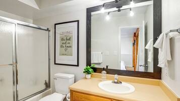 Un baño con ducha, inodoro, lavabo y un espejo grande.