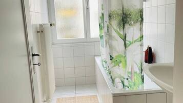 Hair dryer, towels, soap, shampoo