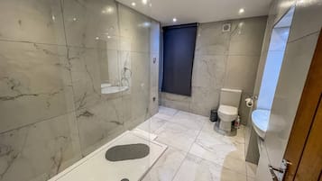 Shower, hair dryer, towels, soap