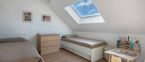 Un dormitorio con cama en alto, un escritorio y tragaluces.
