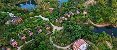 An aerial view of a residential area with multiple houses surrounded by dense greenery and water bodies.