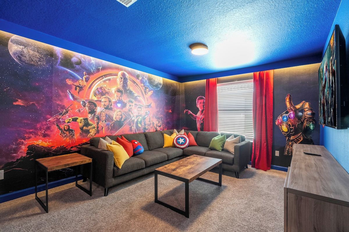 Themed loft area with large seating and Smart TV