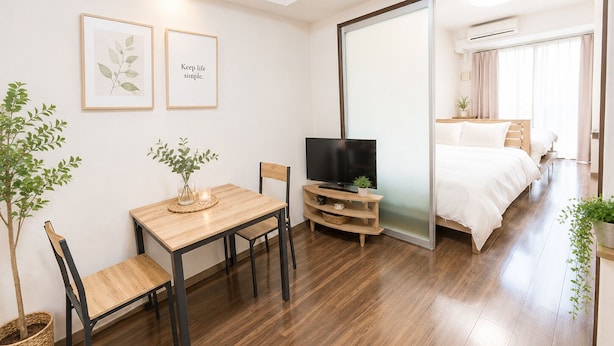 A modern room with a wooden dining table, a TV, and a bed with a sliding door.