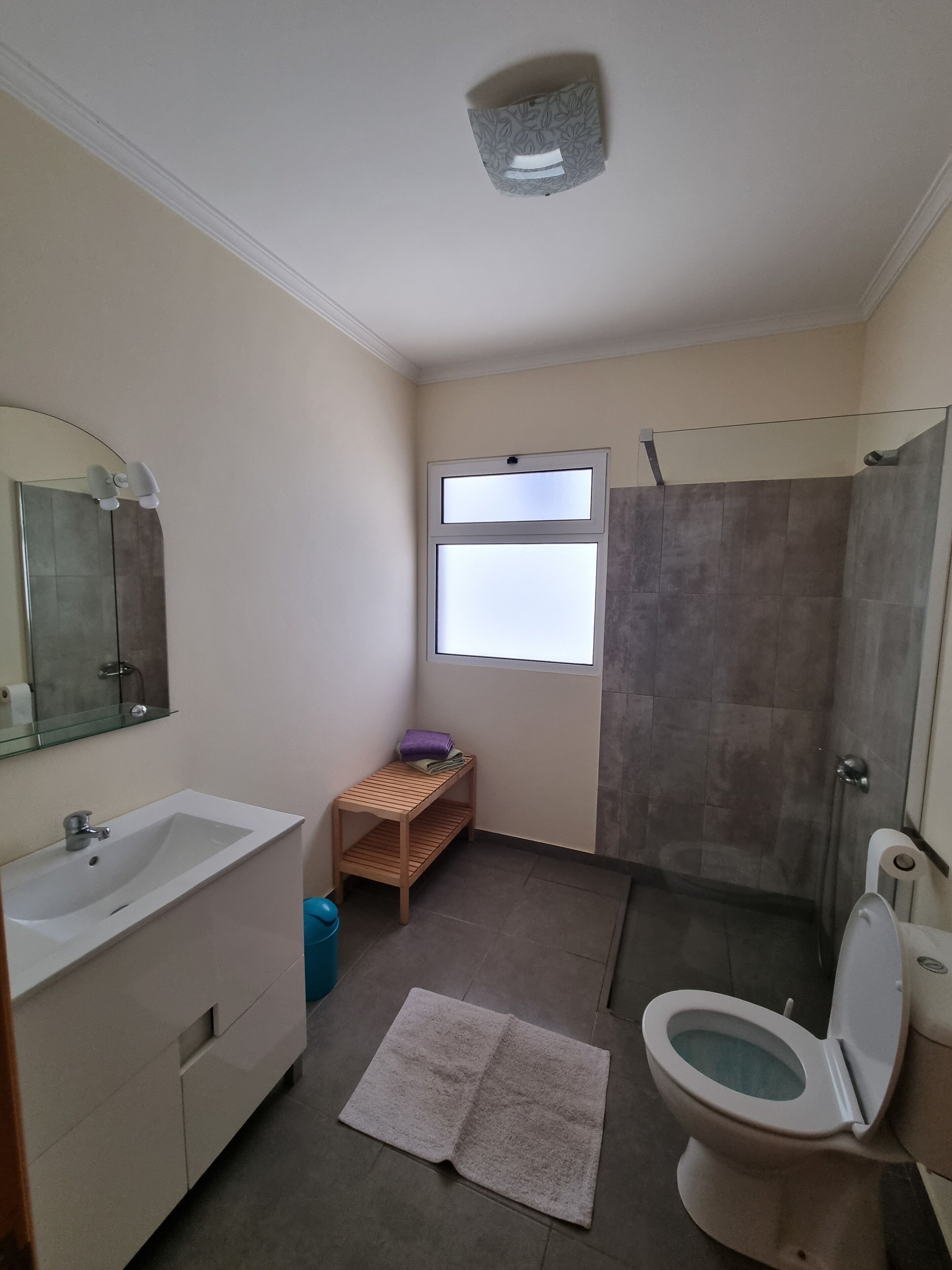 A bathroom with a sink, mirror, toilet, shower, and a small window.