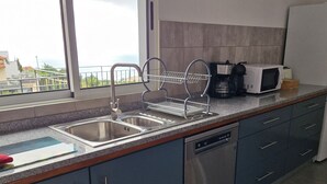 A modern kitchen with a stainless steel sink, a dish drying rack, a coffee maker, and a microwave. - Casa Agapanthe House  (Estreito da Calheta)