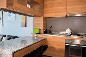 Apartment | Private kitchen | Fridge, microwave, oven, electric kettle