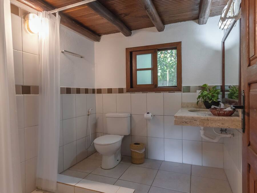 A bathroom with a wooden ceiling, a toilet, a sink with a mirror, and a window.