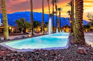 A pool with a fountain, surrounded by palm trees and a mountain backdrop. - 25% Off, 30+ Night Stay! Family Getaway W/Pool/Spa (Palm Springs)