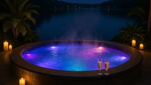 Un jacuzzi con vistas a un lago por la noche, rodeado de palmeras y velas.