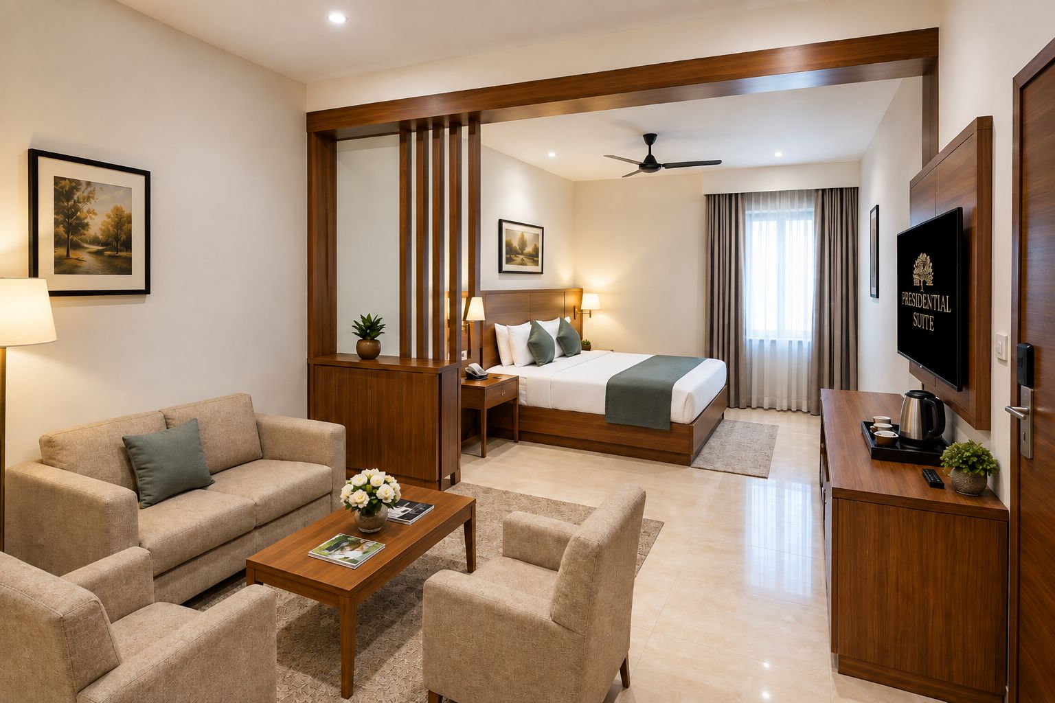 A hotel room with a bed, a sofa, a coffee table, a TV, and a desk.