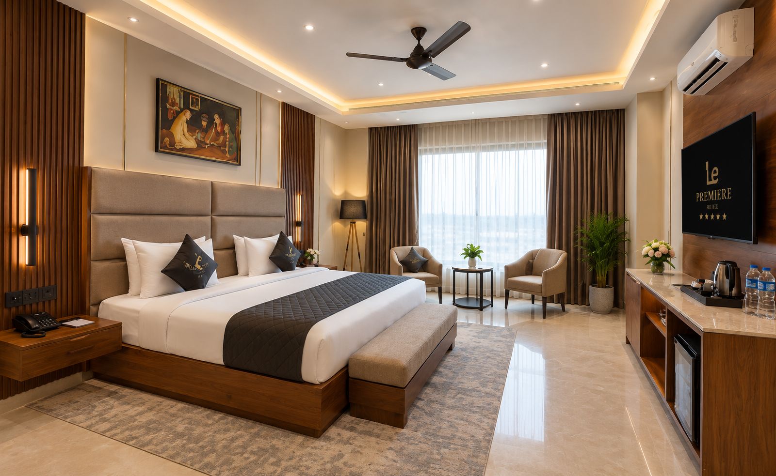 A modern hotel room with a large bed, a desk, a television, and a ceiling fan.