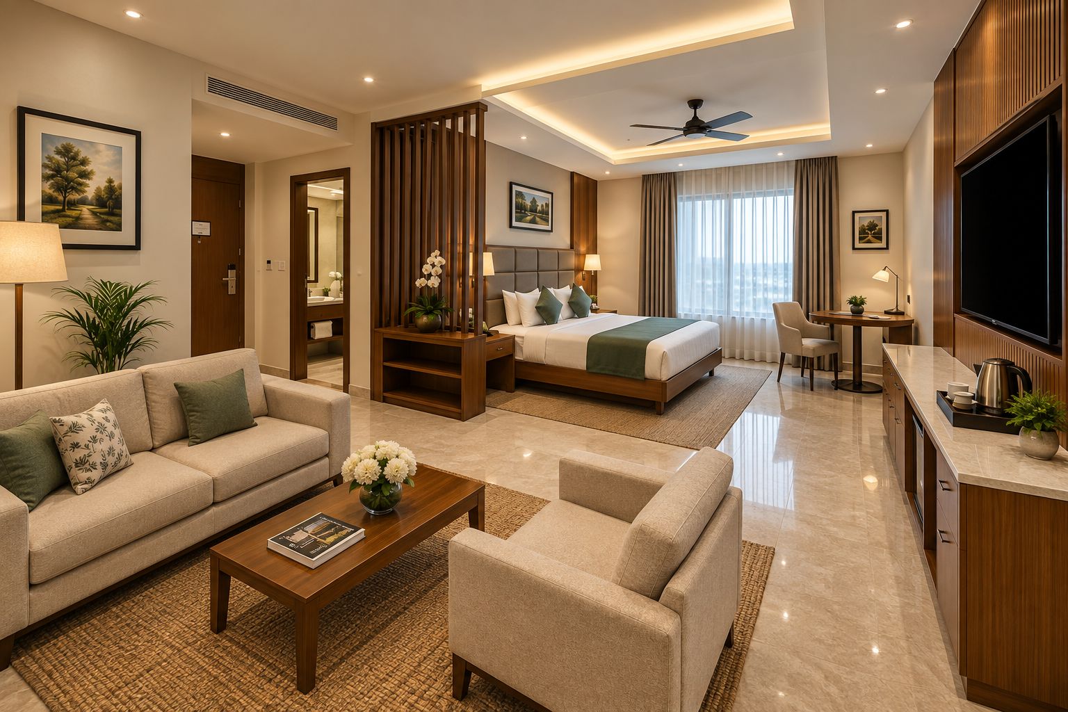 A hotel room with a bed, two sofas, a coffee table, a TV, and a desk.