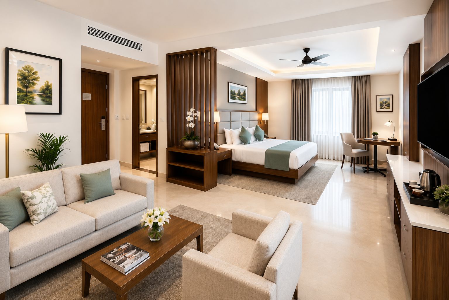 A hotel room with a sofa, a coffee table, a bed, a desk, and a TV.