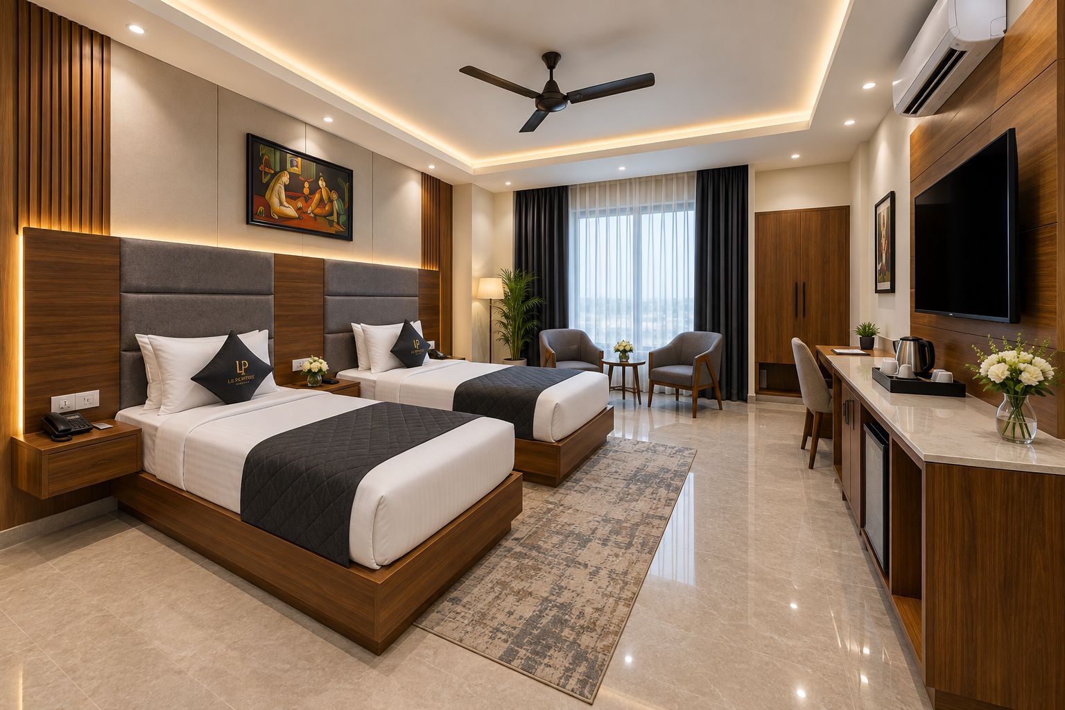 A hotel room with two beds, a desk, a chair, a TV, and an air conditioning unit.