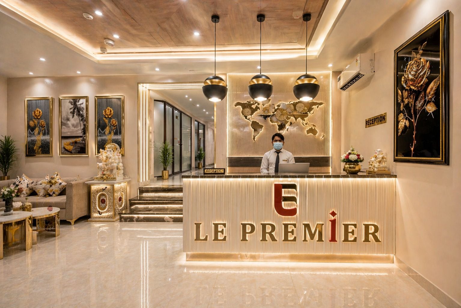 A hotel reception area with a receptionist, a reception desk, and a world map mural.