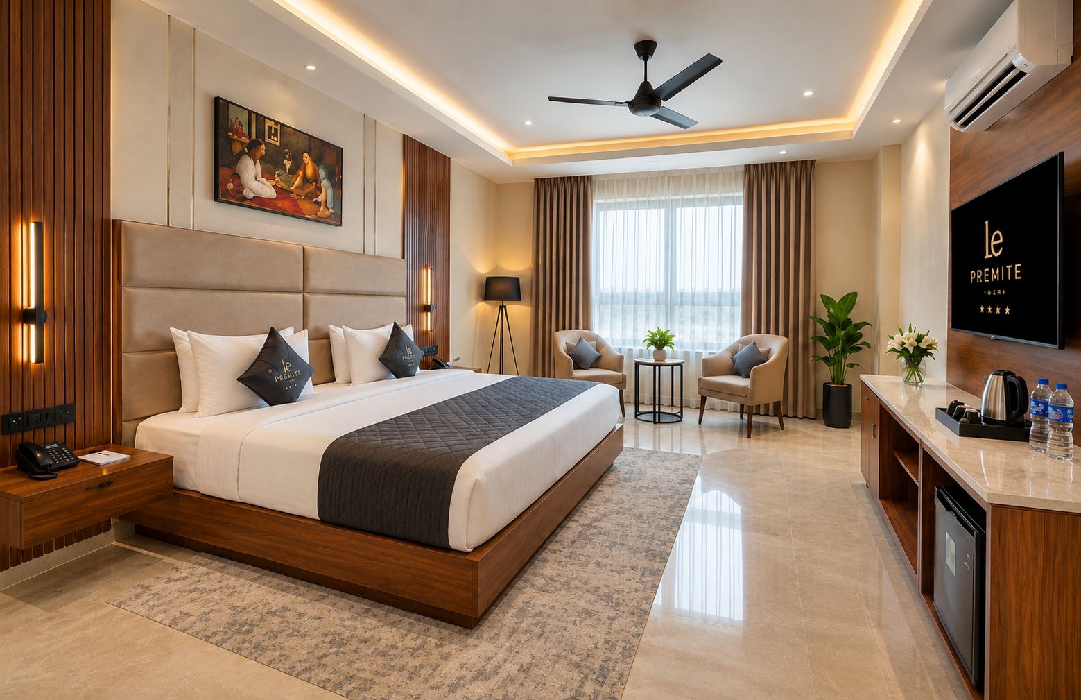 A modern hotel room with a large bed, a desk, a chair, a television, and a ceiling fan.